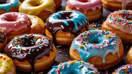 Assortment of Twelve Donuts with Various Toppings on a Tray