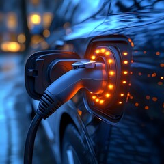 Electric Car Charging with Plugged Power Cable with Lighted Port Connection, Night time