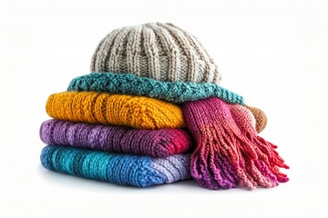 Stack of Colorful Knitted Sweaters, Scarf, and Beanie
