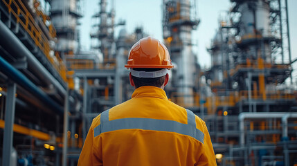 Rear view of engineer worker in uniform and hard hat against background of pipeline and pipe rack of oil industrial plant.