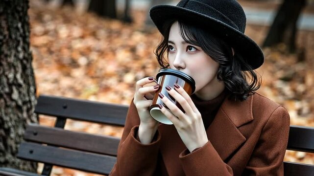 Woman Sipping Coffee on a Park Bench During Autumn Afternoons Generative AI