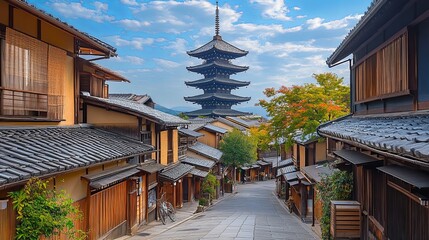 Naklejka premium Traditional Japanese Street with Pagoda in the Background
