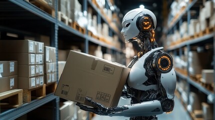 Humanoid robot working in a futuristic warehouse carrying boxes