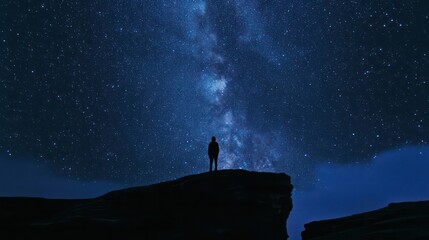 A silhouette against stars, showing a lone figure standing on a hilltop under a vast sky full of stars, creating a sense of wonder and solitude.