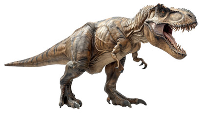 Lifelike depiction of King Tyrannosaurus rex, isolated on a white background, focusing on its powerful build, sharp teeth, and dominant presence
