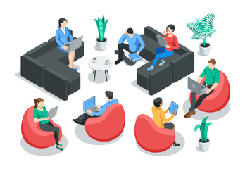 isometric vector set of people sitting in beanbag chairs and on sofas with laptops and tablets, in color on white background, office workers or remote work