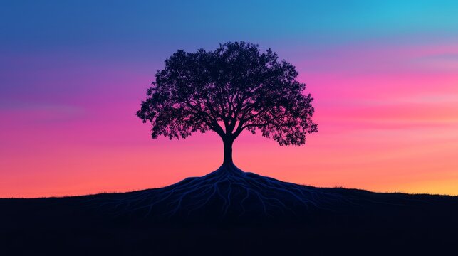 A tree with roots growing upward into the sky, glowing with multicolored light, symbolizing reversing norms and challenging expectations