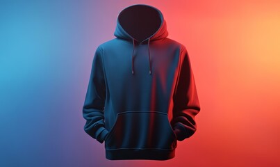 Blue hooded sweatshirt against red and blue gradient.