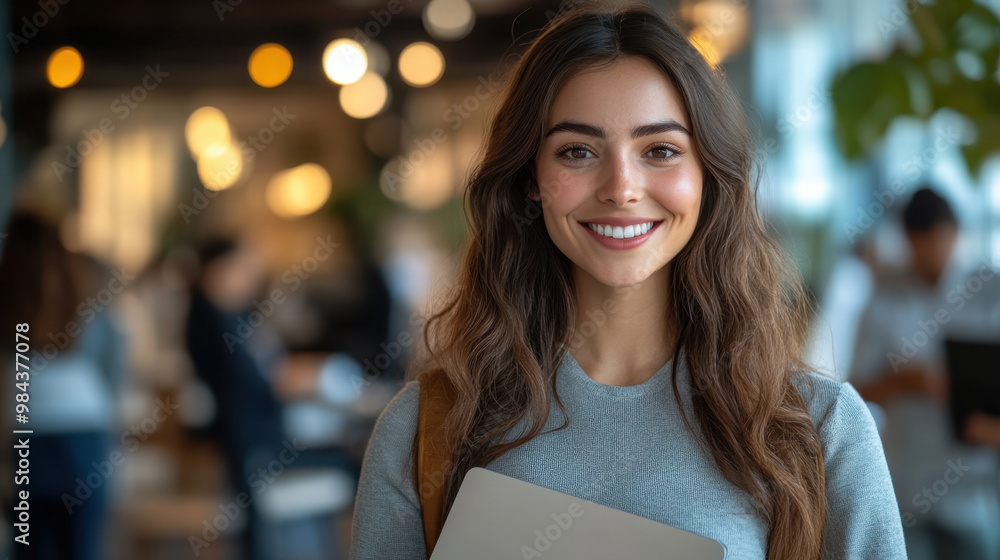 Poster project coordinator, a female project coordinator holding mockup notebook computer and smiling to ca