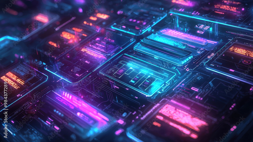 Poster document management, a futuristic display of digital folders glowing in vibrant blues and purples, s