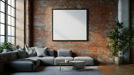 Modern Living Room with Brick Wall and Large Frame 3d Illustration