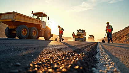 Highway construction site with workers laying asphalt on a sunny day using heavy machinery.







