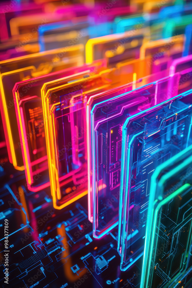 Poster document management, colorful 3d folders arranged in a dynamic pattern, illuminated by neon hues aga