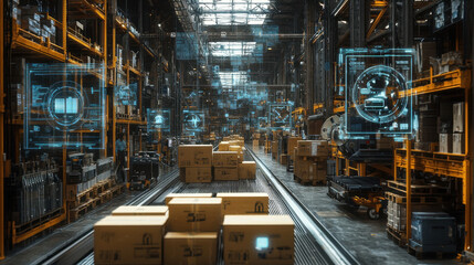 Warehouse Technology,  In a sorting warehouse, cardboard boxes glide on a conveyor belt, accompanied by rotating wireframe holograms that display item dimensions and sorting