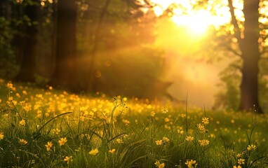 Obraz premium Bright golden sunlight shining through forest trees with yellow wildflowers in the foreground. Nature and outdoor concept for design and print.