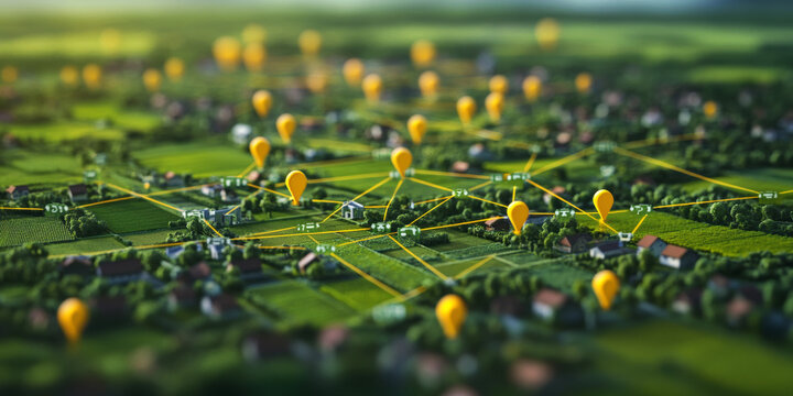 A 3D-rendered map showing yellow location pins and routes, representing GPS navigation, geolocation, and mapping technology.

