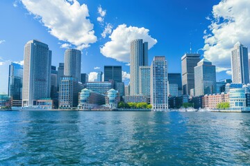 Naklejka premium Boston city skyline with tall buildings and waterfront. Urban landscape and architecture concept.