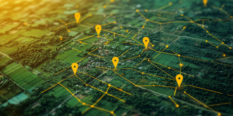 A 3D-rendered map showing yellow location pins and routes, representing GPS navigation, geolocation, and mapping technology.
