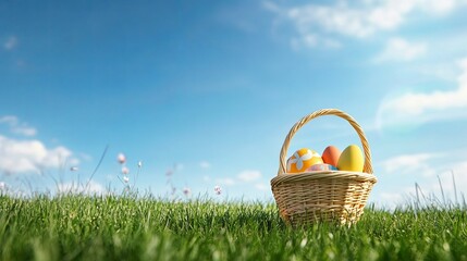 An Easter egg hunt scene featuring an empty basket on a grassy lawn under a clear blue sky, with ample copy space for text. Ideal for seasonal holiday concepts, family events