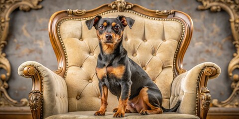 A debonair black and tan terrier occupied a plush chair, its regal demeanor commanding attention with an air of quiet sophistication.