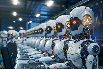 Fototapeta premium Team obots work in the office. Programmers. Virtual world of technologies in the future.