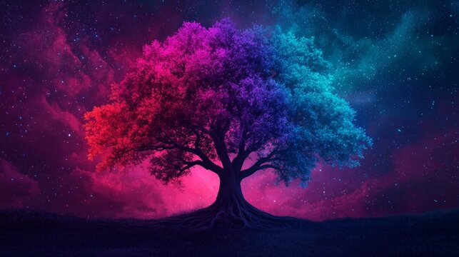 A tree with roots growing upward into the sky, glowing with multicolored light, symbolizing reversing norms and challenging expectations