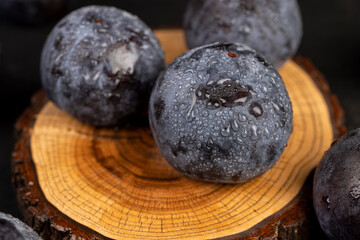 close-up of purple plum fruits in drops of water