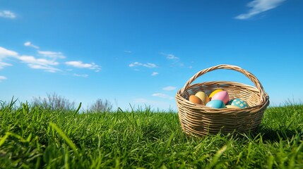 An Easter egg hunt scene featuring an empty basket on a grassy lawn under a clear blue sky, with ample copy space for text. Ideal for seasonal holiday concepts, family events