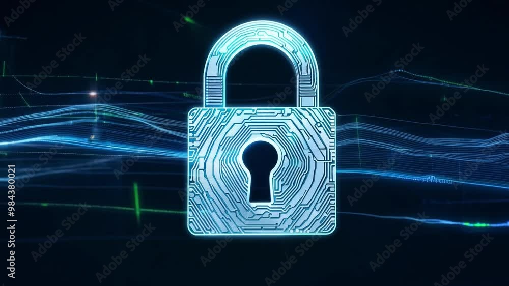 Aufkleber A digital lock icon is prominently displayed against a dark background, showcasing intricate circuit patterns that signify cybersecurity in a networked setting.