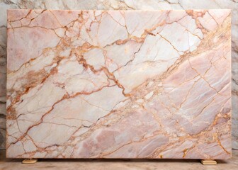 Fototapeta premium Aesthetic pink marble slab boasting a glassy finish, adorned with fine veins that subtly dance across its surface, creating a sense of calm.