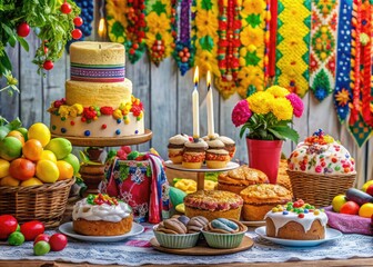 Fototapeta premium A festive birthday gathering showcased Ukrainian flair, festooned with bright fabrics and intricate craftsmanship, served with an array of savory and sweet treats.