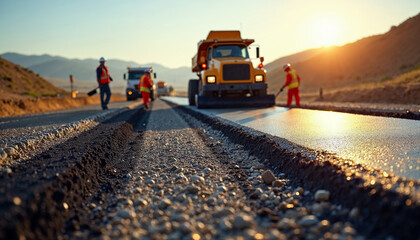 Highway construction site with workers laying asphalt on a sunny day using heavy machinery.






