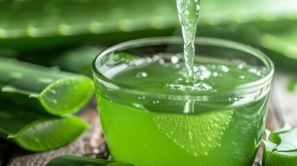 Fresh Organic Green Juice or Smoothie with Water Droplets and Leaf Splashes