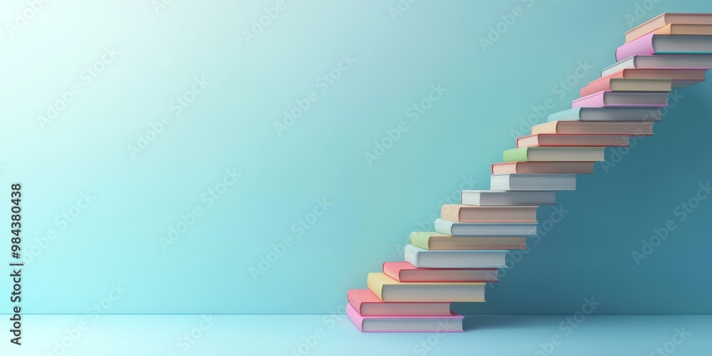 Poster a colorful stack of books forms a staircase, symbolizing the journey of learning and growth, set aga