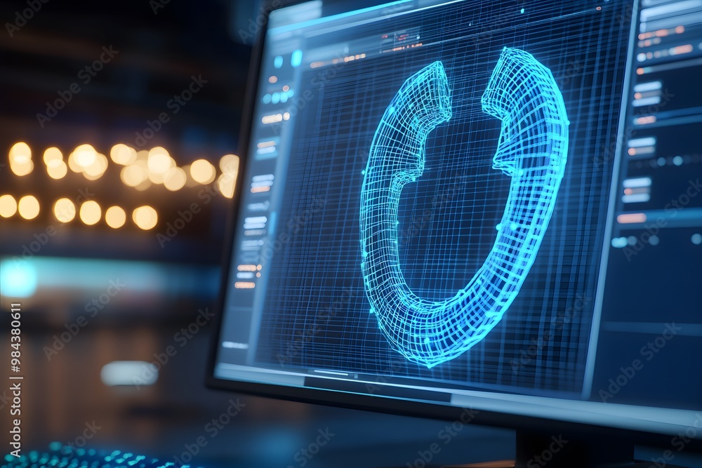 Poster close-up of a computer screen displaying a wireframe, blue digital model of a horseshoe against a da