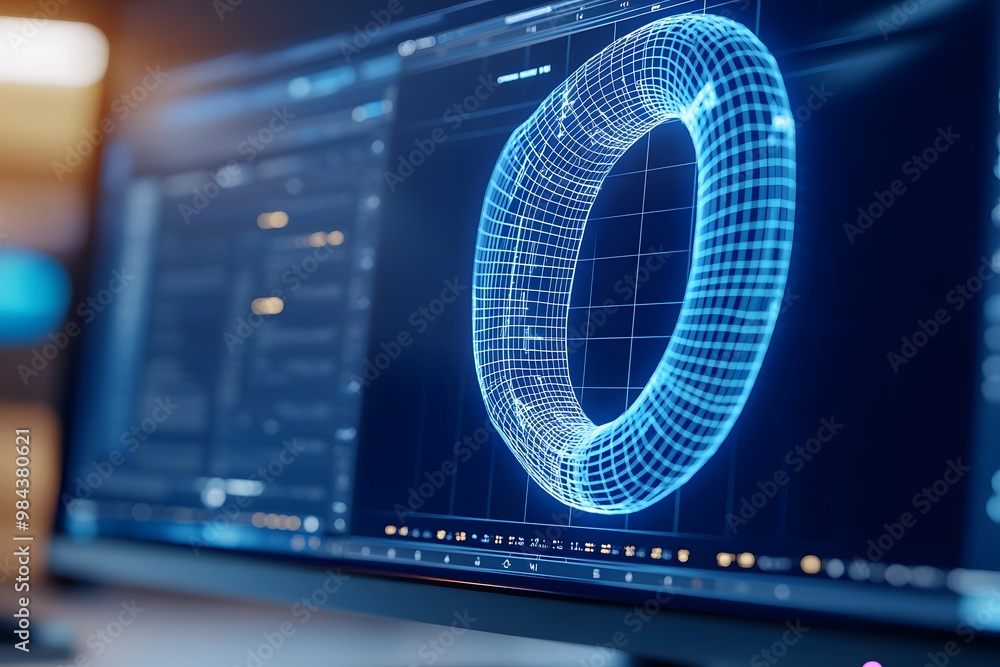 Fototapete close-up of a computer screen displaying a wireframe, blue digital model of a horseshoe against a da