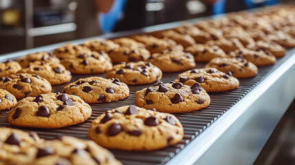 Rows of warm chocolate chip cookies cool on a conveyor belt in a bustling bakery kitchen filled with activity