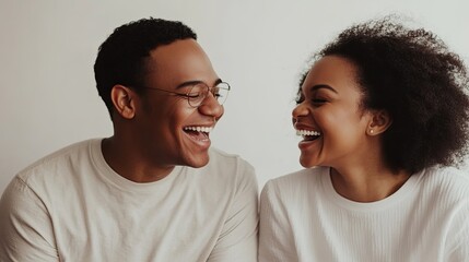 Obraz premium A joyful couple sharing a heartfelt laughter, their faces radiating happiness against a minimalist white background with a subtle Gaussian blur effect, highlighting the pure emotion of the moment.