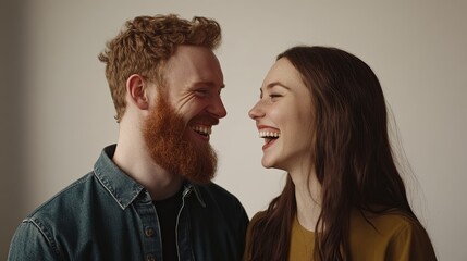 Obraz premium A joyful couple sharing a heartfelt laughter, their faces radiating happiness against a minimalist white background with a subtle Gaussian blur effect, highlighting the pure emotion of the moment.