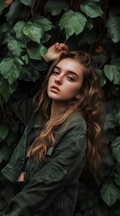 Fototapeta premium Young woman with wavy hair poses against lush green foliage background.