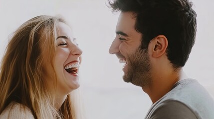 Fototapeta premium A joyful couple sharing a heartfelt laughter, their faces radiating happiness against a minimalist white background with a subtle Gaussian blur effect, highlighting the pure emotion of the moment.