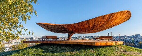 A wooden viewing platform at the top of a hill in a city park, designed in the shape of a leaf, offering panoramic views and seating integrated into the design