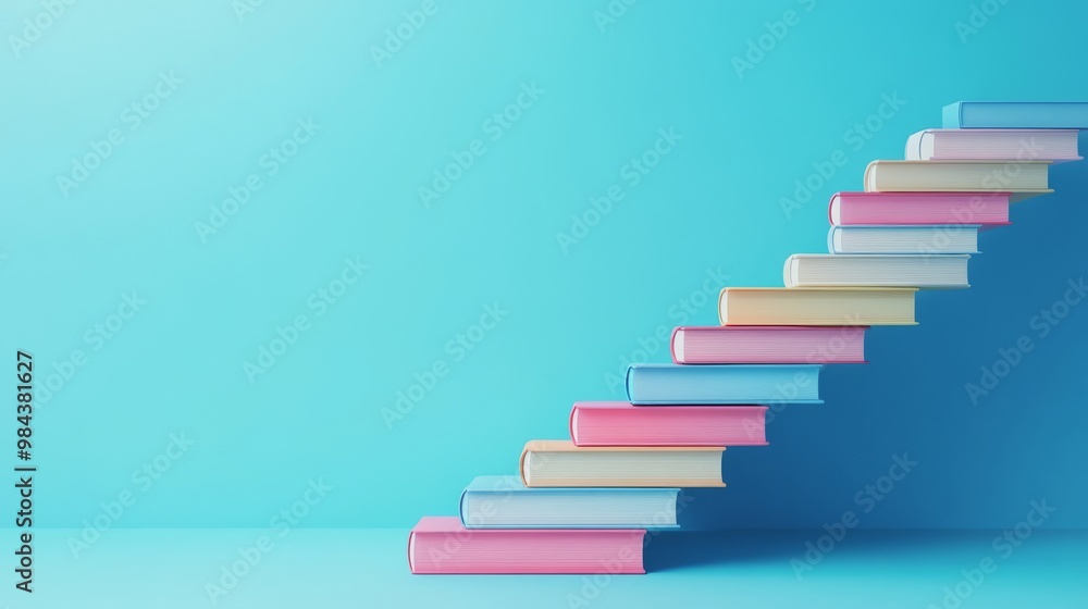 Poster the image features a colorful collection of books arranged in a staircase formation, symbolizing the