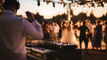 DJ spins tunes at an outdoor wedding reception.