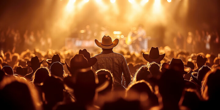 Crowd at a country music show, everyone is wearing a cowboy hat, hapinnes, joy . AI generative.