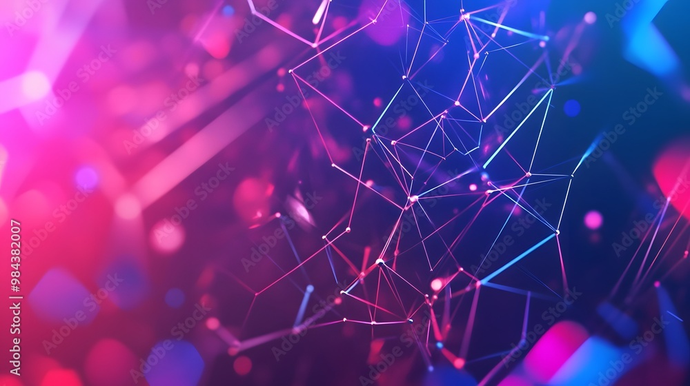 Poster abstract background with a network of glowing lines and dots in pink and blue.