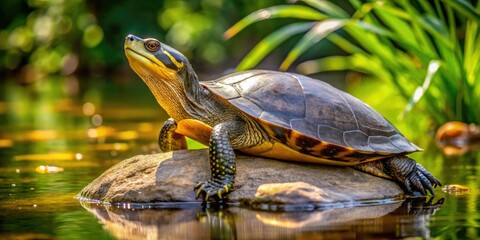Obraz premium A long-necked turtle with a brown and yellow shell rests on a rock within a serene pond, its gentle gaze lost in the surroundings.