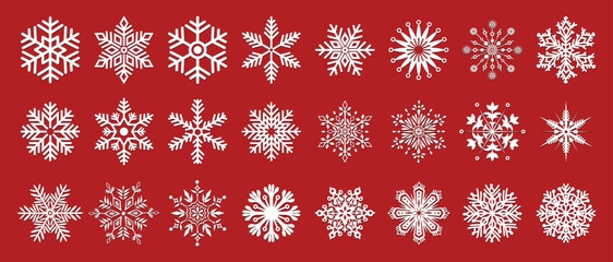Cute snowflakes collection isolated on red background. Flat snow icons, silhouette. Nice element for Christmas banner, cards. New year ornament. Snowflakes icons. White Snowflake icon set.