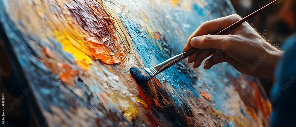 Aufkleber a close-up view of an artist hand using a paintbrush to create textured, colorful strokes on a canva