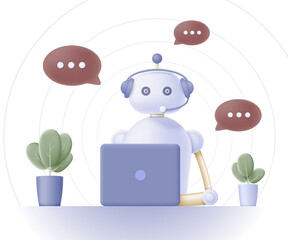 Artificial intelligence office robot operator with headset talks to customers. Call center, customer service, hotline, customer support concept. Vector illustration.